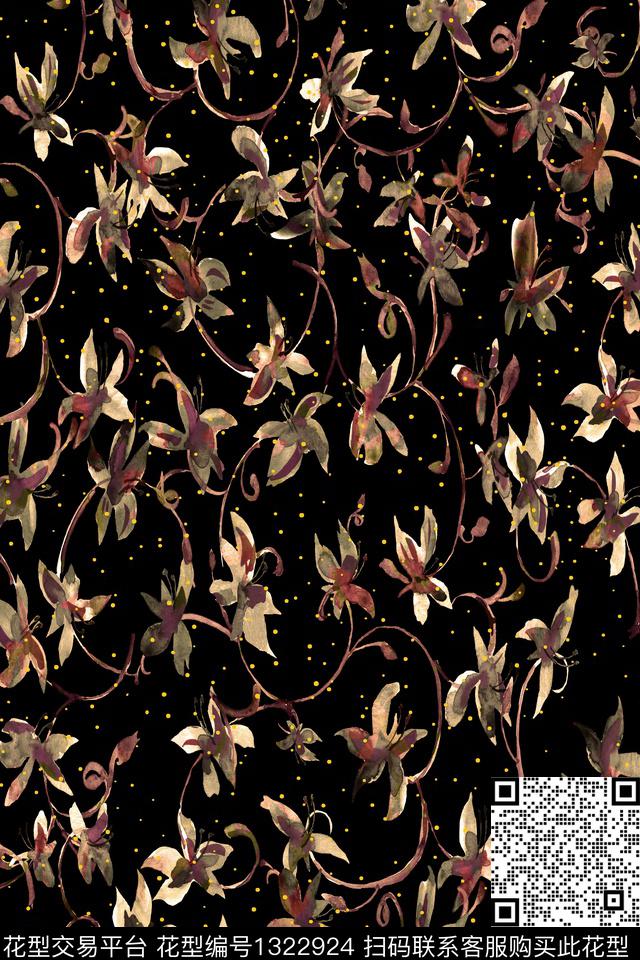 Orst_dwy0777K.jpg - 1322924 - 黑底花卉 抽象花卉 肌理 - 数码印花花型 － 女装花型设计 － 瓦栏