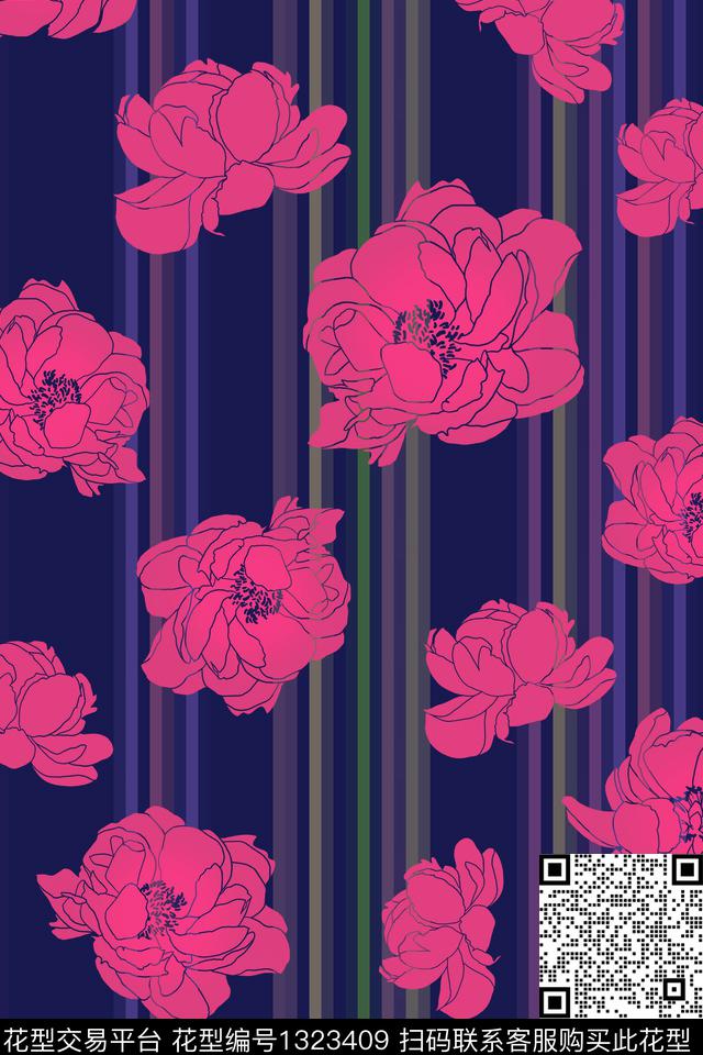 三花.jpg - 1323409 - 条纹 色块大花 裙 - 数码印花花型 － 女装花型设计 － 瓦栏