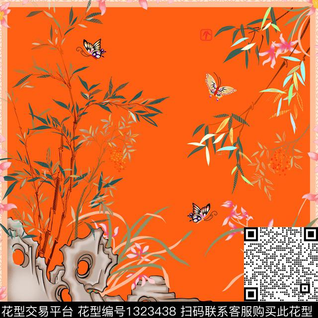 兰竹石 chengse.jpg - 1323438 - 兰花 中国 竹子假山 - 数码印花花型 － 方巾花型设计 － 瓦栏