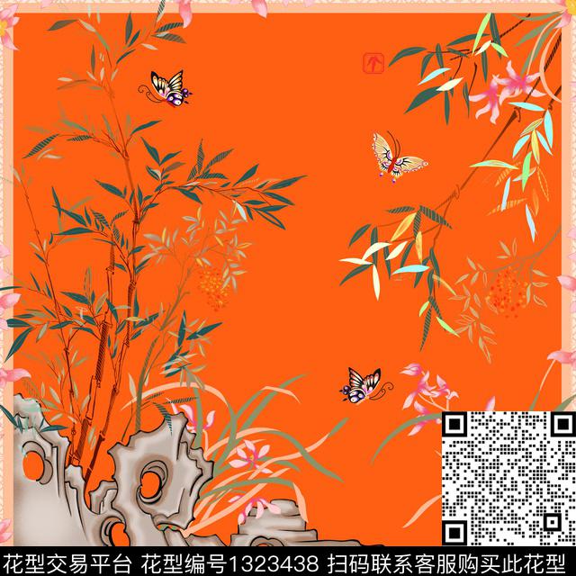 兰花中国风竹子假山数码印花花型下载（图片编号: 1323438） - 瓦栏（Walan）