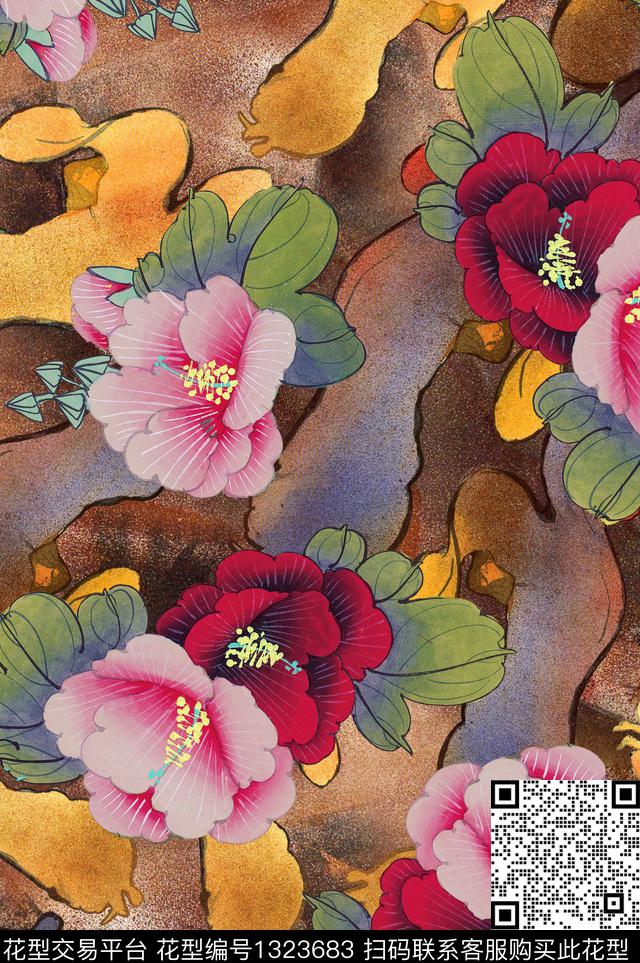 国画肌理彩底花卉数码印花花型下载（图片编号: 1323683） - 瓦栏（Walan）