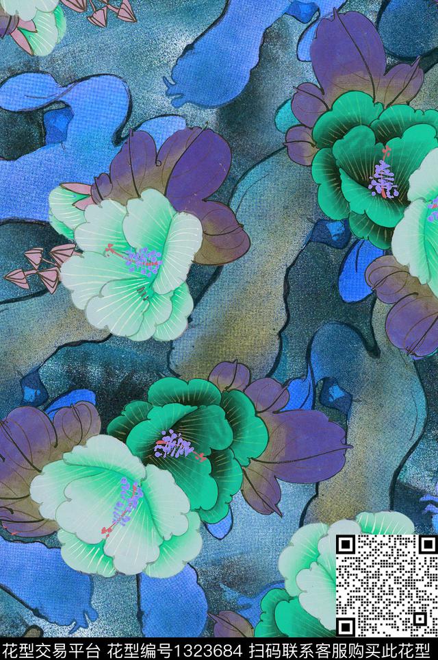 国画肌理彩底花卉数码印花花型下载（图片编号: 1323684） - 瓦栏（Walan）