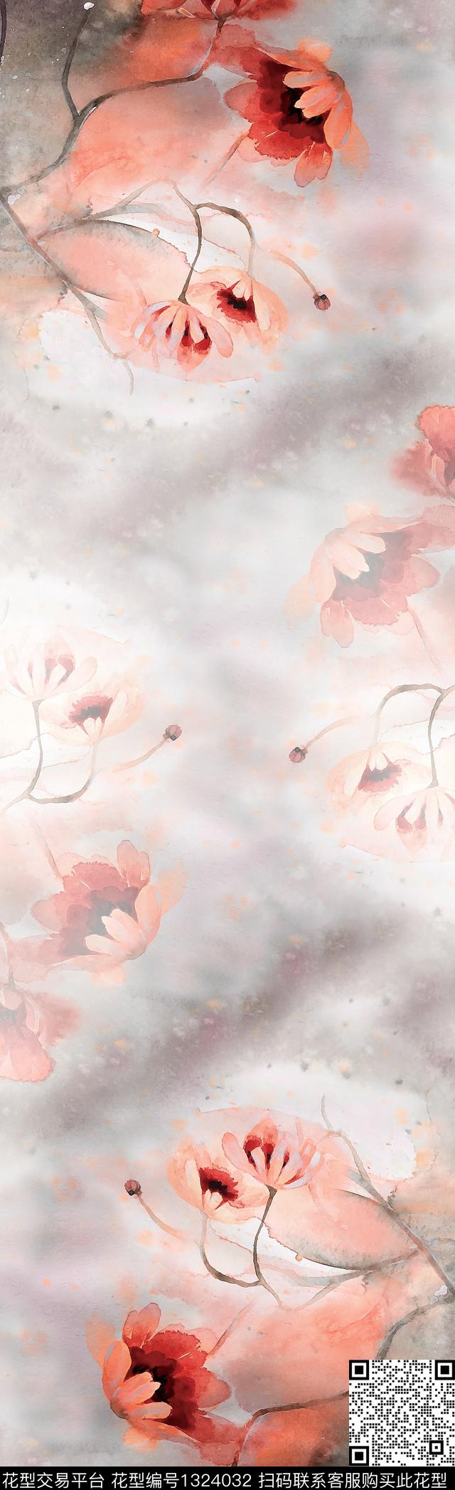 兰花围巾水彩数码印花花型下载（图片编号: 1324032） - 瓦栏（Walan）