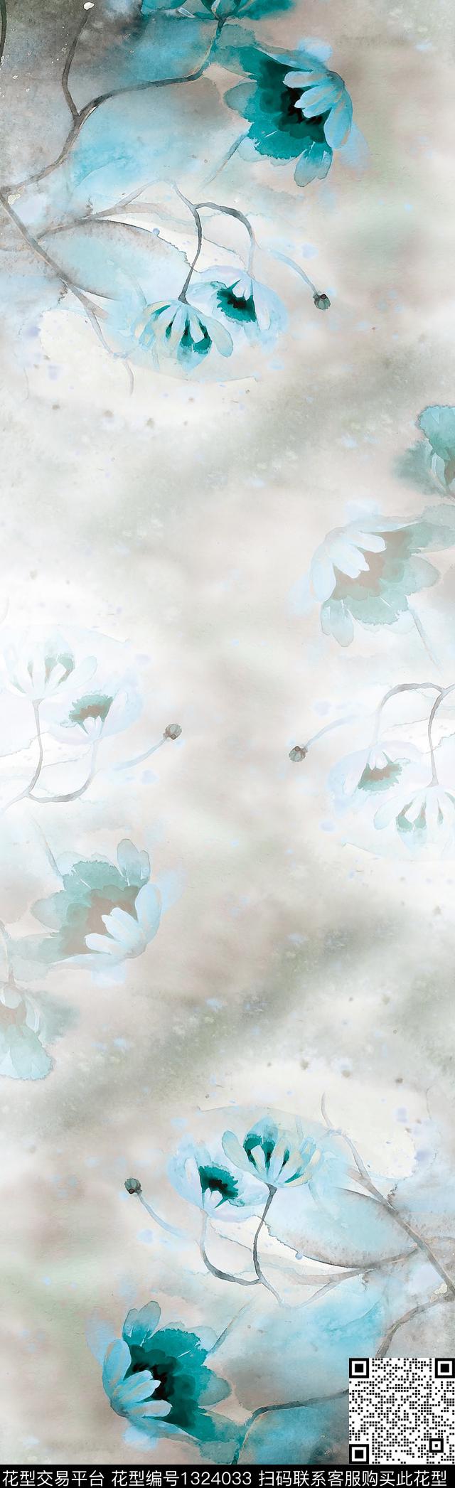 兰花围巾水彩数码印花花型下载（图片编号: 1324033） - 瓦栏（Walan）