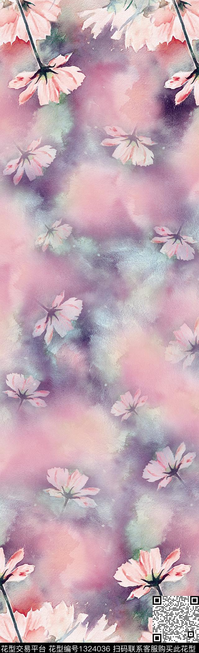 围巾水彩彩底花卉数码印花花型下载（图片编号: 1324036） - 瓦栏（Walan）