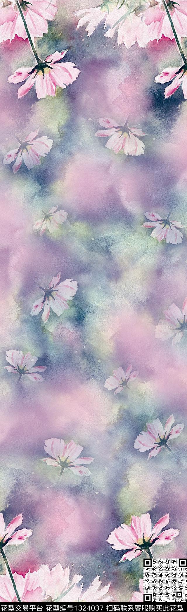 围巾水彩彩底花卉数码印花花型下载（图片编号: 1324037） - 瓦栏（Walan）