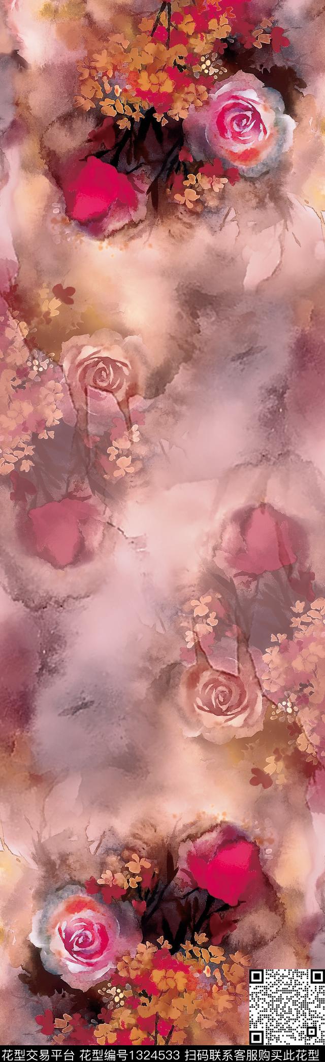晕染肌理玫瑰花水彩数码印花花型下载（图片编号: 1324533） - 瓦栏（Walan）
