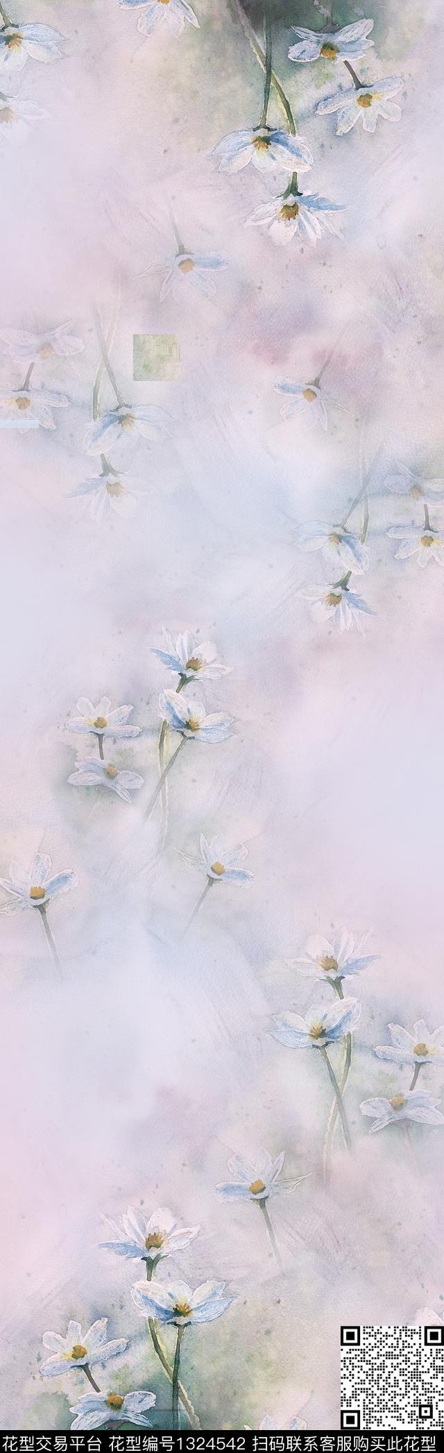 围巾水彩彩底花卉数码印花花型下载（图片编号: 1324542） - 瓦栏（Walan）