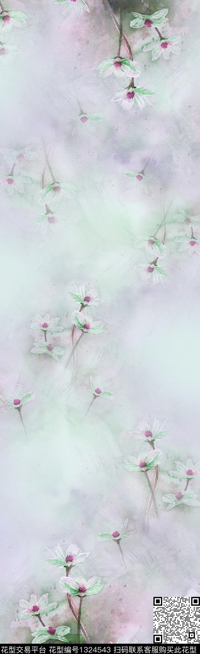 围巾水彩彩底花卉数码印花花型下载（图片编号: 1324543） - 瓦栏（Walan）