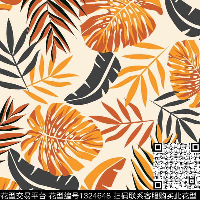 热带2.jpg - 1324648 - 绿植树叶 连衣裙 花卉 - 传统印花花型 － 女装花型设计 － 瓦栏