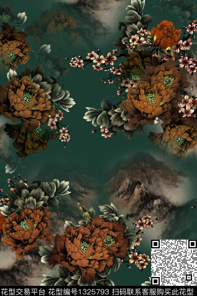 黑底花卉女装花卉数码印花花型下载（图片编号: 1325793） - 瓦栏（Walan）