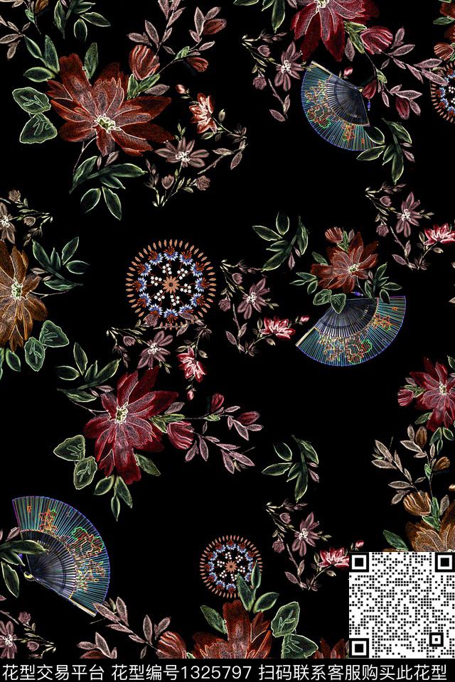 Orst_cm373L.jpg - 1325797 - 黑底花卉 女装 花卉 - 数码印花花型 － 女装花型设计 － 瓦栏