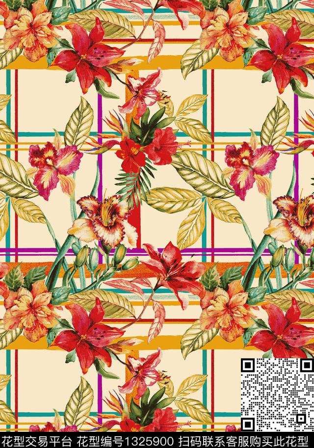 w-27325.jpg - 1325900 - 大牌风 热带花型 朦胧花卉 - 传统印花花型 － 女装花型设计 － 瓦栏