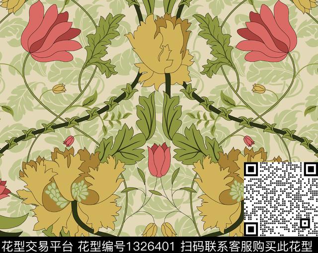 传统藤蔓花配色1.jpg - 1326401 - 床品 植物 印花 - 传统印花花型 － 床品花型设计 － 瓦栏