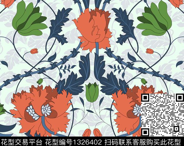传统藤蔓花配色2.jpg - 1326402 - 床品 植物 印花 - 传统印花花型 － 床品花型设计 － 瓦栏