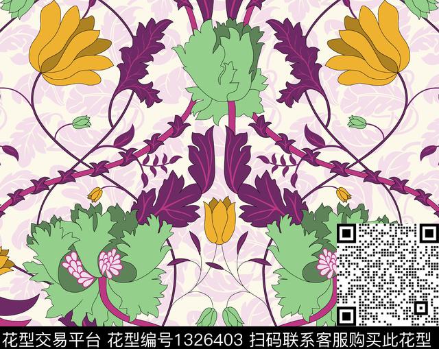 传统藤蔓花配色3.jpg - 1326403 - 床品 植物 印花 - 传统印花花型 － 床品花型设计 － 瓦栏