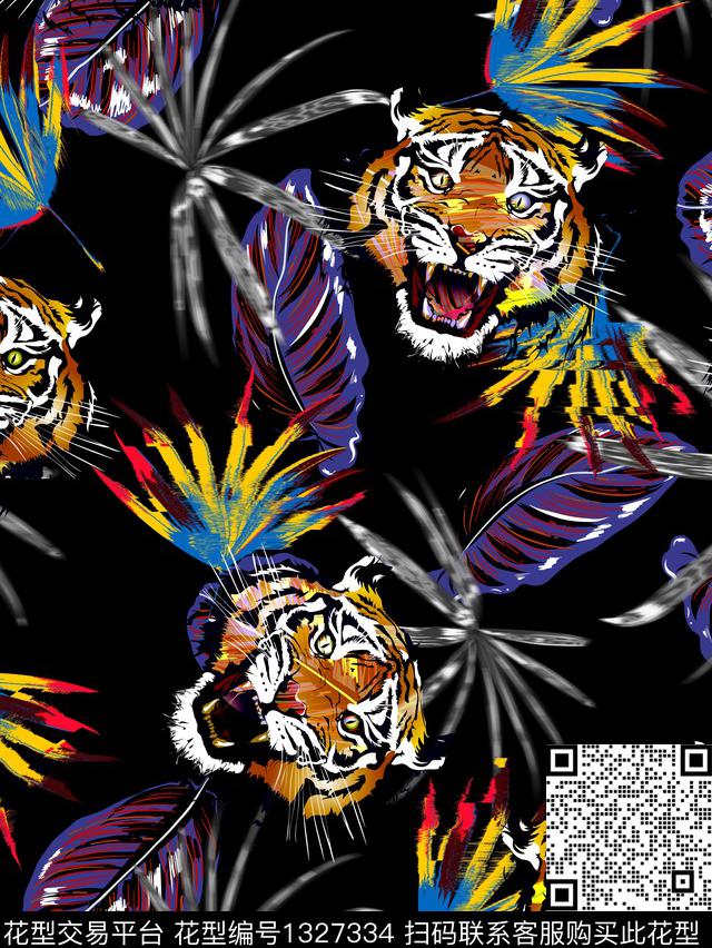 热带 老虎 男装.jpg - 1327334 - 动物头 老虎 抽象男装 - 数码印花花型 － 男装花型设计 － 瓦栏
