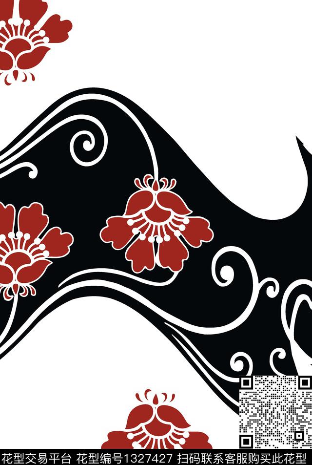 0013002b.jpg - 1327427 - 黑底花卉 波浪纹 抽象花卉 - 传统印花花型 － 窗帘花型设计 － 瓦栏