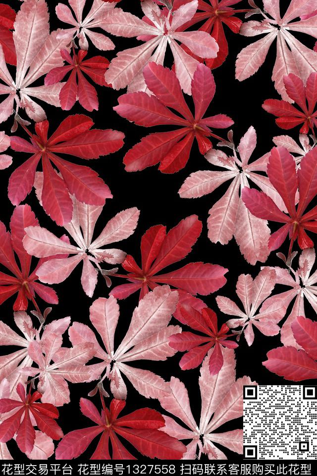 绿植树叶红色花型数码印花花型下载（图片编号: 1327558） - 瓦栏（Walan）