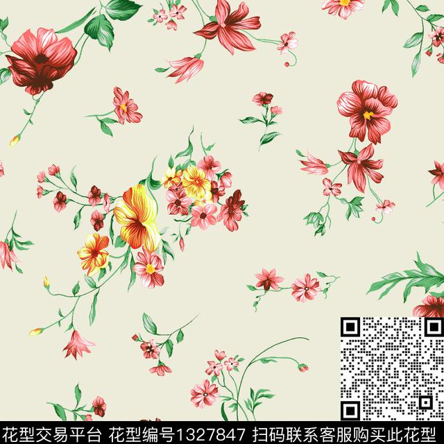 花卉满印-28.jpg - 1327847 - 花卉 植物 叶草 - 传统印花花型 － 女装花型设计 － 瓦栏