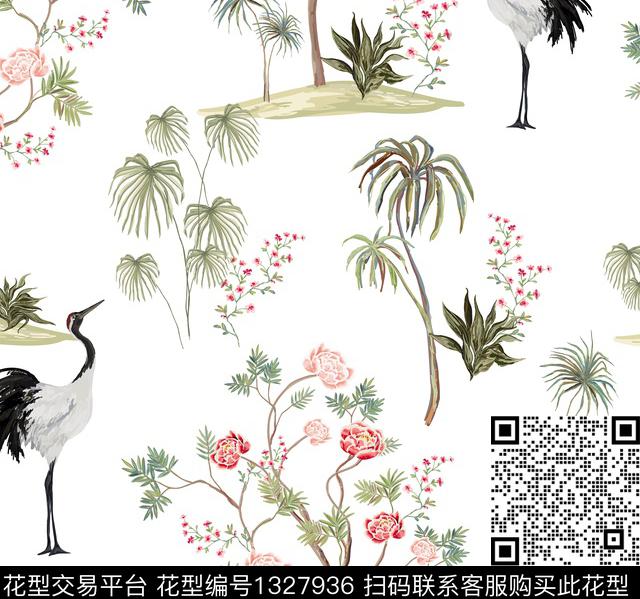 crane floral.jpg - 1327936 - 水彩 大牌风 植物 - 数码印花花型 － 窗帘花型设计 － 瓦栏