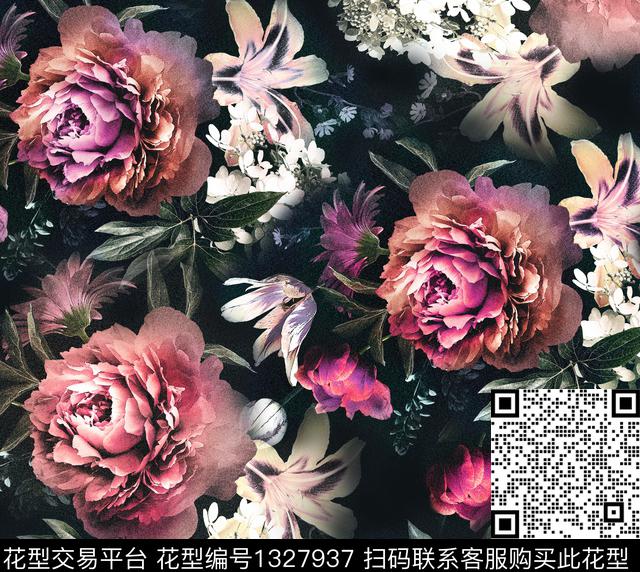Dark floral-wan.jpg - 1327937 - 水彩 大牌风 印花 - 数码印花花型 － 窗帘花型设计 － 瓦栏