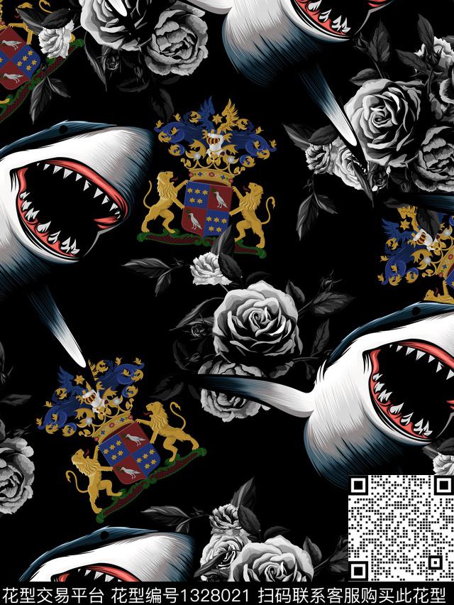 复古 混合拼接男装.jpg - 1328021 - 黑底花卉 男装满版花 鲨鱼 - 数码印花花型 － 男装花型设计 － 瓦栏
