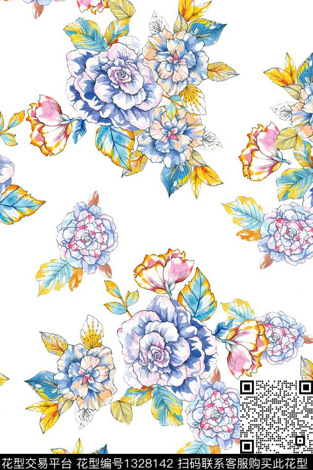 475.jpg - 1328142 - 大牌风 手绘花卉 水彩花卉 - 数码印花花型 － 女装花型设计 － 瓦栏