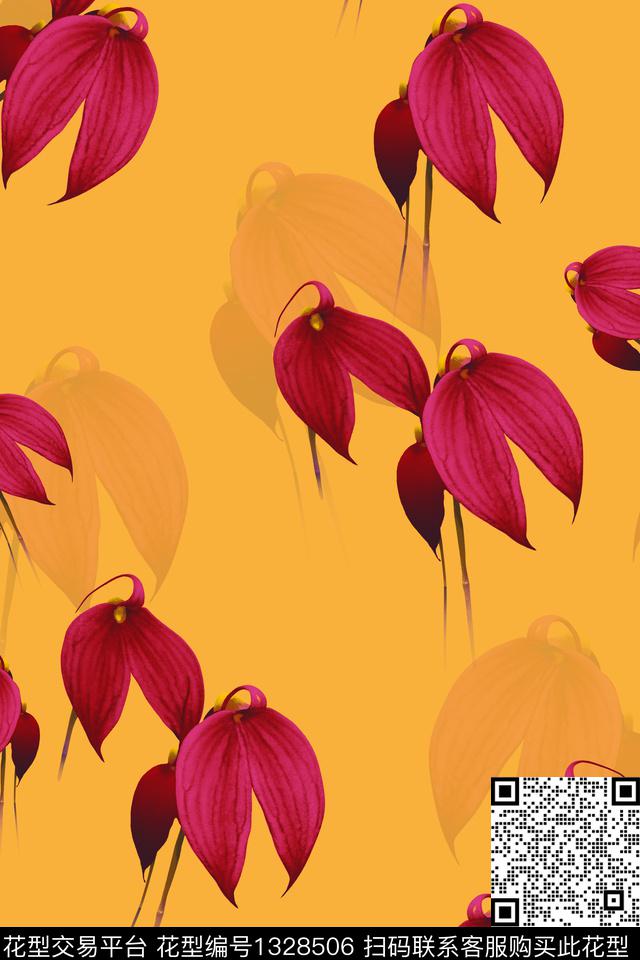 黑底花卉趋势花型红花数码印花花型下载（图片编号: 1328506） - 瓦栏（Walan）