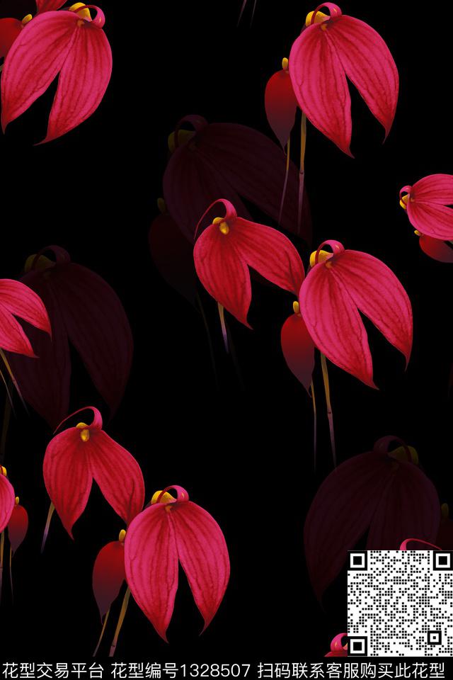 0524E.jpg - 1328507 - 黑底花卉 趋势花型 红花 - 数码印花花型 － 女装花型设计 － 瓦栏