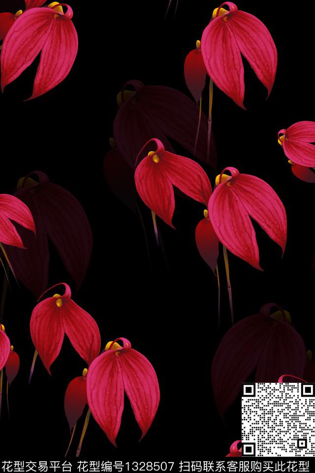 黑底花卉趋势花型红花数码印花花型下载（图片编号: 1328507） - 瓦栏（Walan）