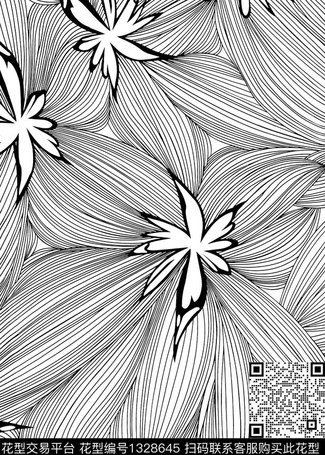 线条花.jpg - 1328645 - 线条画 几何花卉 简约 - 传统印花花型 － 女装花型设计 － 瓦栏