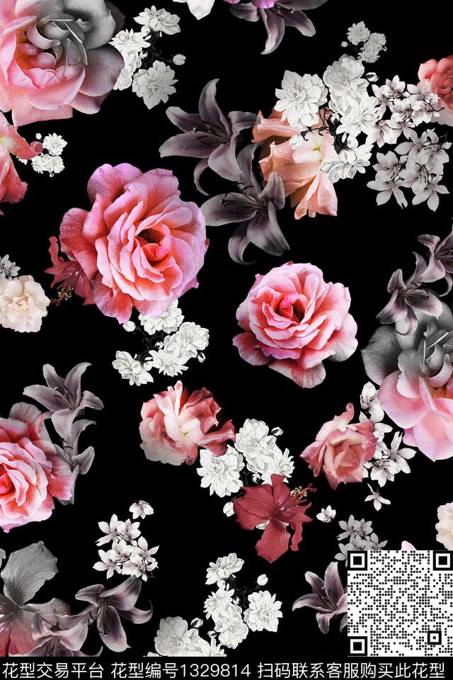 0527B.jpg - 1329814 - 黑底花卉 红花 趋势花型 - 数码印花花型 － 女装花型设计 － 瓦栏