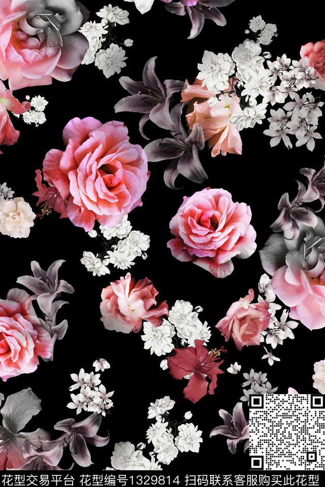 黑底花卉红花趋势花型数码印花花型下载（图片编号: 1329814） - 瓦栏（Walan）