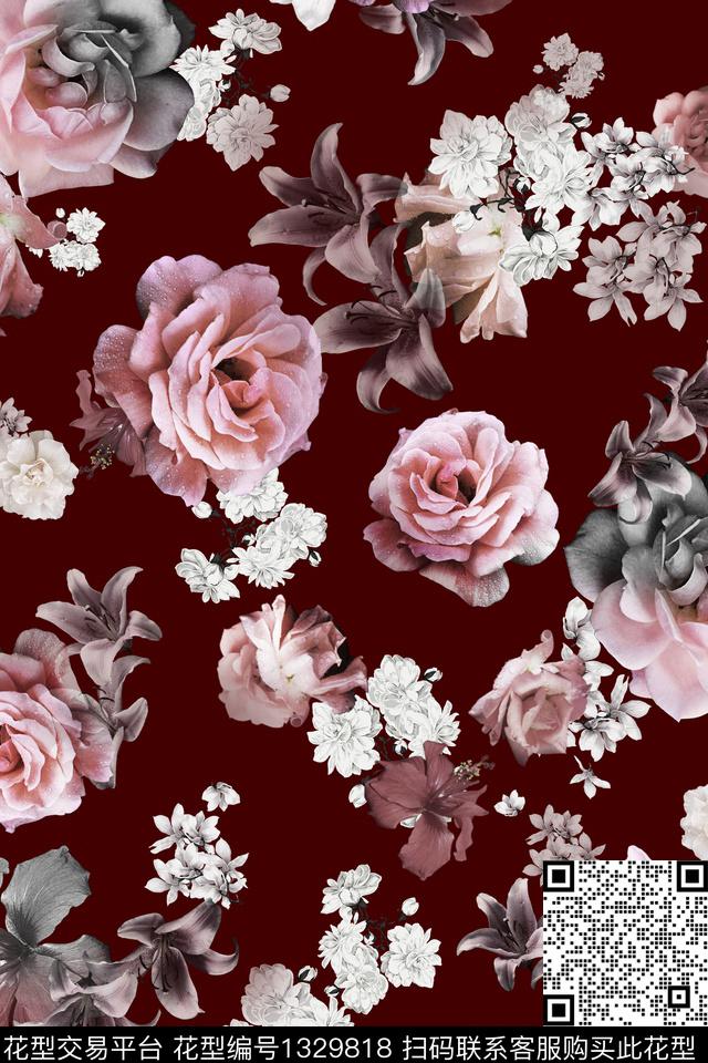 黑底花卉红花趋势花型数码印花花型下载（图片编号: 1329818） - 瓦栏（Walan）