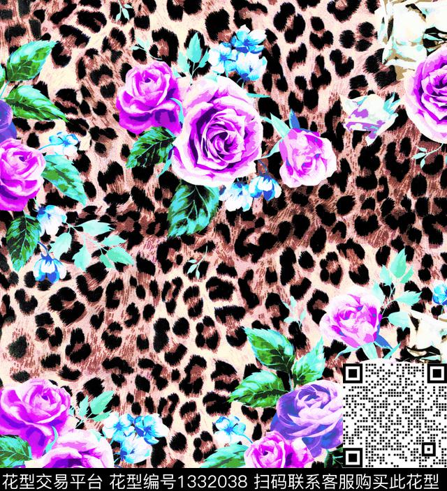 玫瑰豹纹.jpg - 1332038 - 田园 鲜花 月季花 - 数码印花花型 － 女装花型设计 － 瓦栏