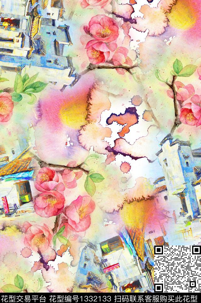 建筑抽象花卉水彩数码印花花型下载（图片编号: 1332133） - 瓦栏（Walan）
