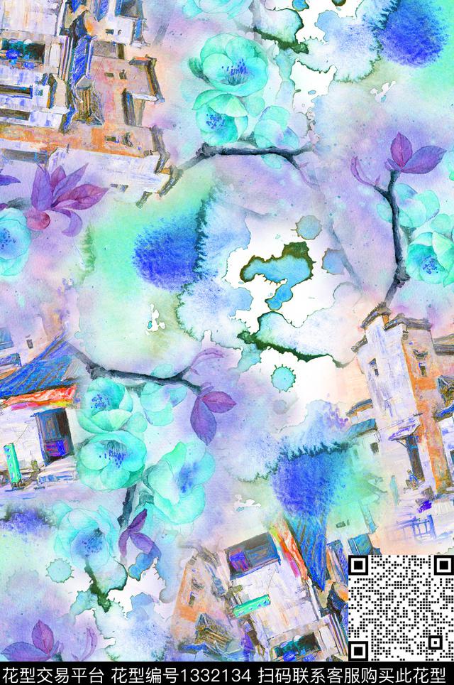 建筑抽象花卉水彩数码印花花型下载（图片编号: 1332134） - 瓦栏（Walan）