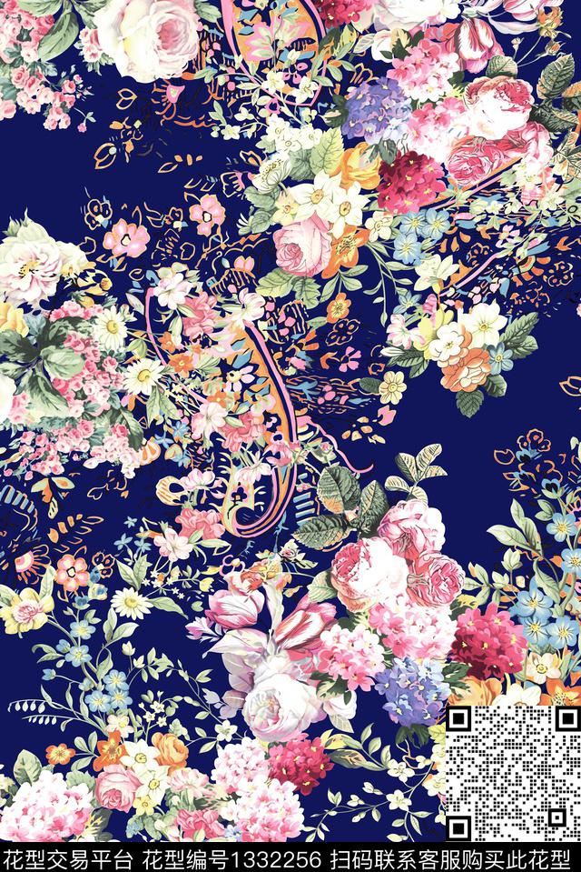 黑底花卉大牌风秋冬花型传统印花花型下载（图片编号: 1332256） - 瓦栏（Walan）