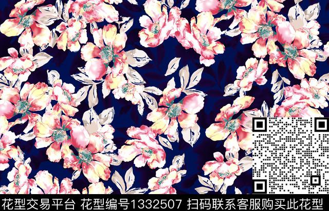 黑底花卉大牌风手绘大花数码印花花型下载（图片编号: 1332507） - 瓦栏（Walan）