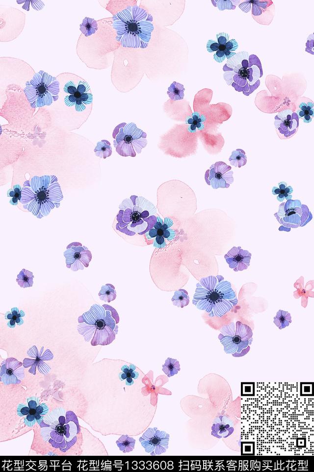 清爽底花卉花卉手绘花卉数码印花花型下载（图片编号: 1333608） - 瓦栏（Walan）