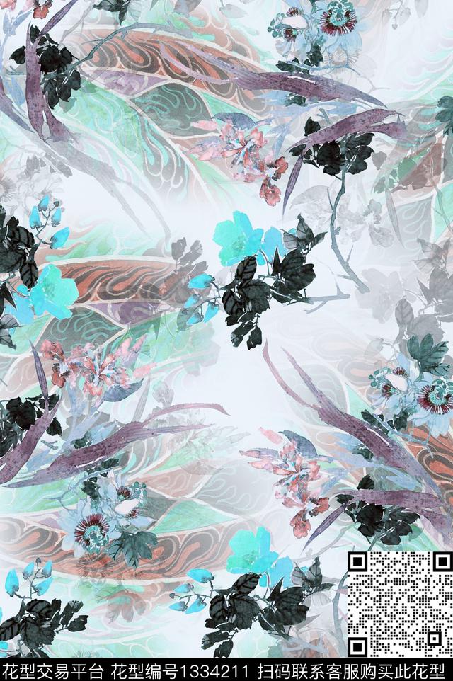 中国风水墨风旗袍数码印花花型下载（图片编号: 1334211） - 瓦栏（Walan）