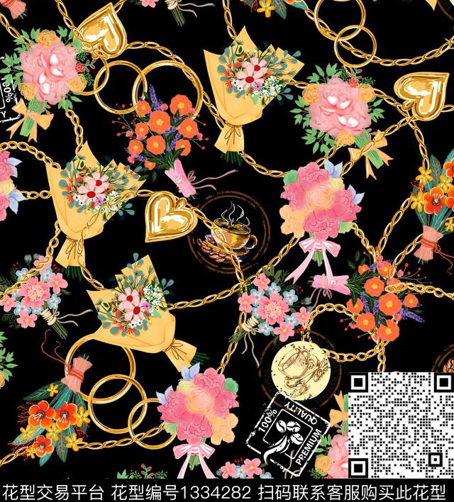 200614花束链条回路黑.jpg - 1334282 - 链条 花卉 少女 - 数码印花花型 － 女装花型设计 － 瓦栏