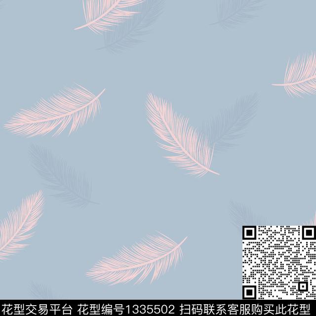 羽毛子lan.jpg - 1335502 - 趋势花型 羽毛 动物 - 传统印花花型 － 床品花型设计 － 瓦栏