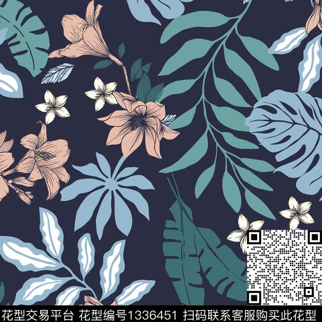 热带雨林花.jpg - 1336451 - 绿色 连衣裙 撞色 - 传统印花花型 － 女装花型设计 － 瓦栏