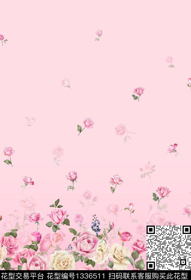 粉白玫瑰定位花.jpg - 1336511 - 女装定位花 田园 花卉 - 数码印花花型 － 女装花型设计 － 瓦栏