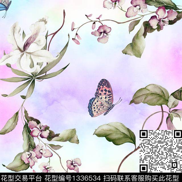 蝴蝶.jpg - 1336534 - 花卉蝴蝶 绿植树叶 渐变 - 数码印花花型 － 床品花型设计 － 瓦栏