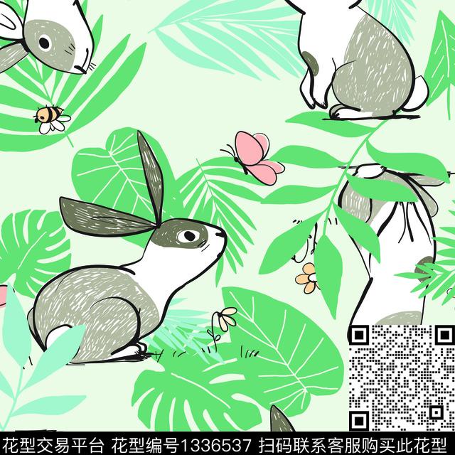 兔子.jpg - 1336537 - 绿植树叶 卡通 兔子 - 传统印花花型 － 床品花型设计 － 瓦栏