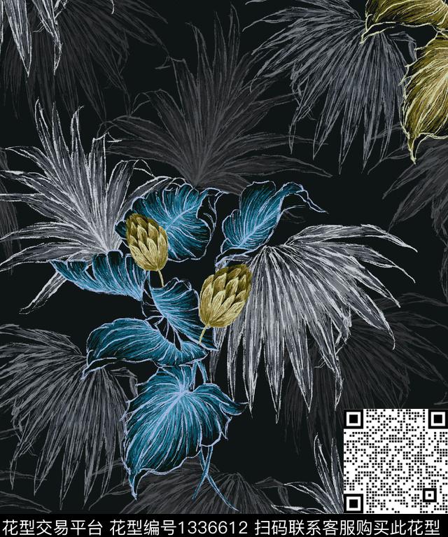 DS0002.jpg - 1336612 - 线条画 黑底花卉 绿植树叶 - 传统印花花型 － 床品花型设计 － 瓦栏