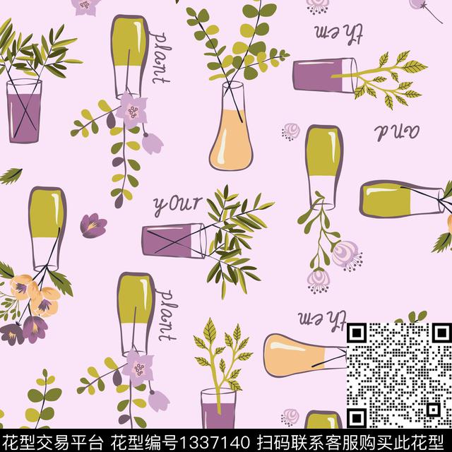 花瓶.jpg - 1337140 - 绿植树叶 花瓶 花卉 - 传统印花花型 － 床品花型设计 － 瓦栏